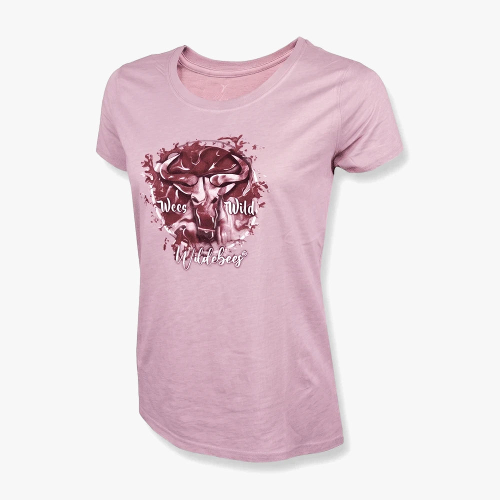 Wildebees Womens Splash Logo Short Sleeve Tee in lilac ash melange, featuring a bold wildebeest graphic, viewed from a