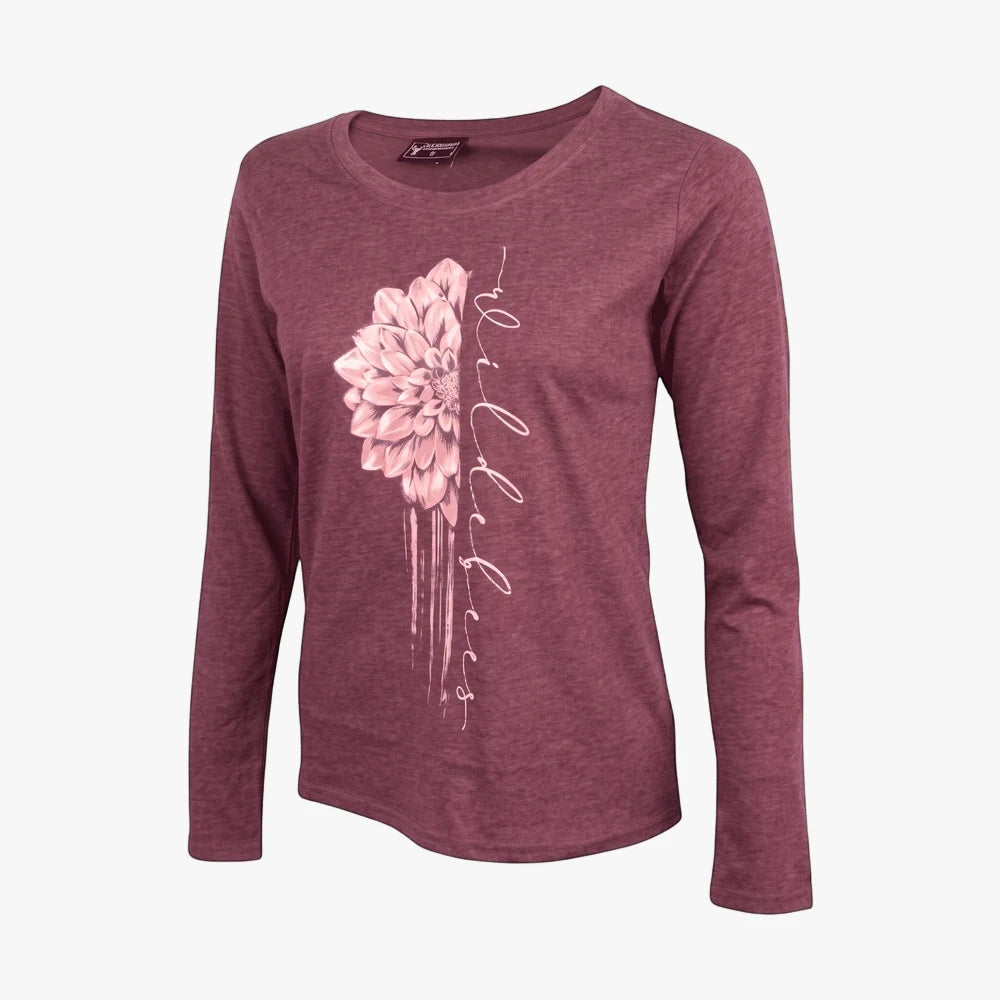 Wildebees Womens Vertical Dahlia Long Sleeve Tee in mulberry mel with a pink floral graphic.